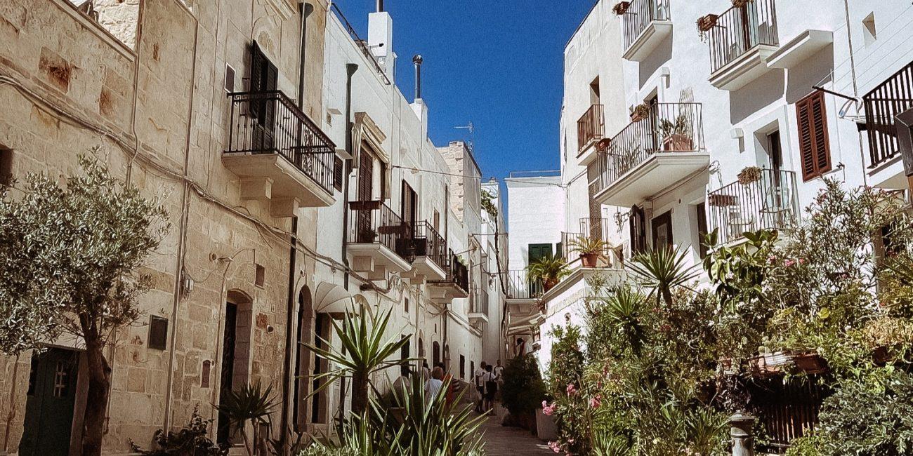 viaggiare consapevole. centro storico di Polignano a Mare, palazzetti bianchi con in primo piano piante verdei in una giornata di sole di luglio.